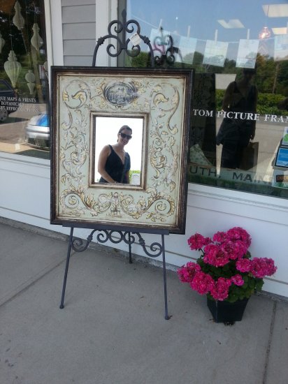 Reflection - Sidewalk display at Village Framers in Yarmouth, ME